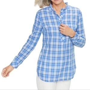 Talbots Blue & White RUFFLE NECK‎ POPOVER CHANDELIER PLAID Size XL
